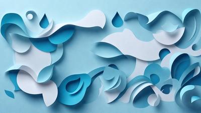 The primary subject of the image is a blue and white paper cutout of a waterfall. The setting is a blue wall, and the visual style is a combination of digital art and illustration. The colors and mood of the image are predominantly blue and white, creating a serene and calming atmosphere.
