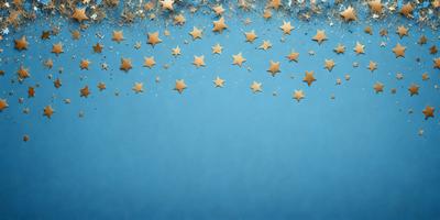 The primary subject of the image is a blue background with a pattern of stars. The setting is a blue sky, and the visual style is a digital art or illustration. The dominant colors are blue and gold, creating a calm and serene atmosphere.