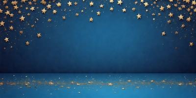 The primary subject of the image is a blue wall with a star-filled background. The setting is a room with a blue background, and the visual style is a digital art or illustration. The dominant colors are blue and gold, creating a calm and serene atmosphere.