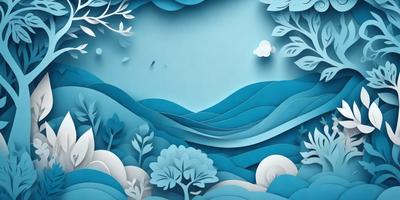 The primary subject of the image is a beautifully illustrated scene of a mountain range with a blue sky above. The setting is a mountainous landscape, and the visual style is a combination of digital art and illustration. The colors and mood of the image are predominantly blue, creating a serene and calming atmosphere.