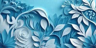 The primary subject of the image is a blue and white artwork featuring a variety of leaves and plants. The setting is a blue background, which adds to the overall visual style. The artwork appears to be a digital illustration or a pattern, with a focus on the intricate details of the leaves and plants. The colors and mood of the image are predominantly blue and white, creating a calm and serene atmosphere.