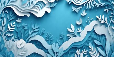 The primary subject of the image is a blue ocean with white waves. The setting is a blue background, and the visual style is a combination of digital art and illustration. The colors and mood of the image are predominantly blue and calm, creating a serene atmosphere.