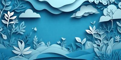 The primary subject of the image is a beautifully illustrated scene of a forest with trees, flowers, and leaves. The setting is a blue ocean, creating a serene and calming atmosphere. The visual style is a combination of digital art and illustration, giving the image a unique and artistic appearance. The colors and mood are predominantly blue, which adds to the tranquil and peaceful ambiance of the scene.
