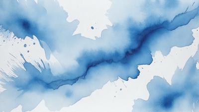 The primary subject of the image is a blue and white painting of a waterfall. The setting is a white background, and the visual style appears to be a digital art or illustration. The dominant colors in the painting are blue and white, creating a serene and calming atmosphere.