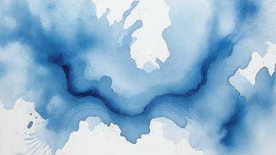 The primary subject of the image is a blue water painting featuring a river flowing through a landscape. The setting is a white background, which provides a clean and minimalist appearance. The visual style is a watercolor painting, giving the image a unique and artistic touch. The dominant colors are blue and white, creating a serene and calming atmosphere.