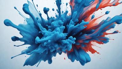 The primary subject of the image is a blue and red splash of paint, which appears to be a digital art or illustration. The setting is a white background, and the visual style is a close-up of the splash of paint. The dominant colors are blue and red, creating a vibrant and energetic atmosphere.
