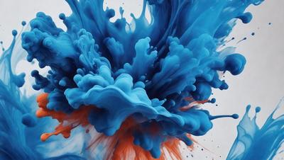 The primary subject of the image is a blue and orange splash of paint, which appears to be a digital art or illustration. The setting is a white background, and the visual style is a mix of digital art and traditional painting techniques. The dominant colors in the image are blue and orange, creating a vibrant and energetic atmosphere.