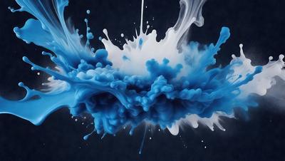 The primary subject of the image is a blue and white splash of paint, which appears to be a digital art or illustration. The setting is a dark blue background, creating a contrasting and dramatic effect. The visual style is modern and artistic, with the blue and white colors evoking a sense of calmness and tranquility.