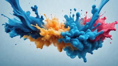 The primary subject of the image is a colorful, abstract painting of a splash of colorful paint. The painting is displayed on a blue background, which adds to the overall atmosphere of the piece. The visual style of the painting is a mix of digital art and illustration, creating a unique and vibrant appearance. The dominant colors in the painting include blue, orange, and yellow, which contribute to the lively and energetic mood of the artwork.