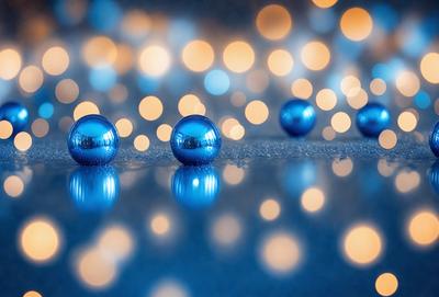 The primary subject of the image is a group of blue glass balls, which are reflecting the light from the surrounding environment. The setting is a dark room with a blue background, creating a visually striking contrast with the blue glass balls. The visual style of the image is a combination of a photo and digital art, as the blue glass balls are captured in a close-up shot, while the background appears to be digitally manipulated. The colors and mood of the image are predominantly blue, creating a calm and serene atmosphere