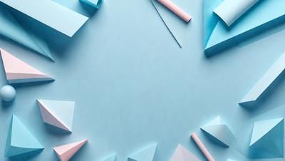 The primary subject of the image is a blue background with a clock on it. The clock is surrounded by various triangular shapes, which are likely made from paper. The setting appears to be a creative and artistic environment, possibly a workspace or a display. The visual style of the image is a combination of digital art and illustration, as the clock and triangles are both digitally created and placed on the blue background. The colors and mood of the image are predominantly blue and calm, with the triangular shapes adding