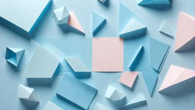 The primary subject of the image is a blue background with various geometric shapes and cutouts. The setting is a blue surface, and the visual style appears to be a combination of digital art and illustration. The dominant colors are blue and pink, creating a vibrant and lively atmosphere.