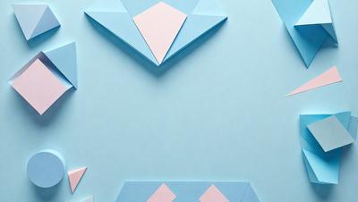 The primary subject of the image is a blue wall with a pattern of triangles. The setting is a room with a blue background, and the visual style is a combination of digital art and illustration. The dominant colors are blue and pink, creating a calm and soothing atmosphere.