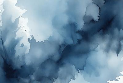 The primary subject of the image is a cloudy blue sky with a few birds flying in it. The setting is an outdoor environment, with the sky serving as the backdrop. The visual style is a watercolor painting, which gives the image a vibrant and artistic appearance. The dominant colors are blue and white, creating a serene and calming atmosphere.