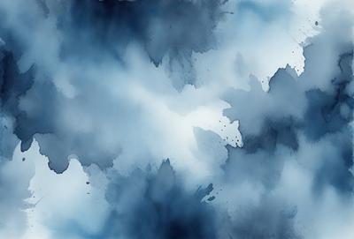 The primary subject of the image is a blue cloudy sky. The setting is a cloudy day, and the visual style is a watercolor painting. The colors and mood of the image are predominantly blue, creating a calm and serene atmosphere.