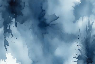 The primary subject of the image is a blue and white painting of a cloudy sky. The setting is a blue background, and the visual style appears to be a watercolor painting. The colors and mood of the painting are predominantly blue and white, creating a serene and calming atmosphere.
