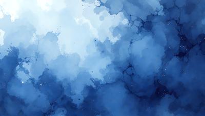 The primary subject of the image is a blue cloudy sky with white stars. The setting is a cloudy blue sky, and the visual style is a watercolor painting. The colors and mood of the image are predominantly blue and serene, creating a peaceful and calming atmosphere.