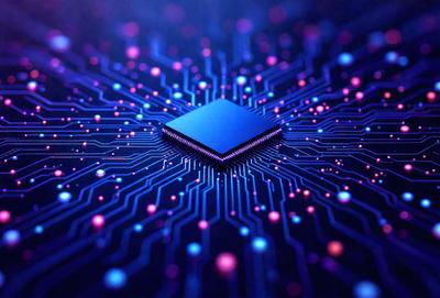 The primary subject of the image is a blue square, which is the main object, scene, or focus of the image. The setting or background of the image is a blue and purple patterned surface, which adds to the overall atmosphere. The visual style of the image is digital art, as it is a digital illustration of a computer chip. The colors and mood of the image are predominantly blue and purple, creating a sense of technology and innovation.