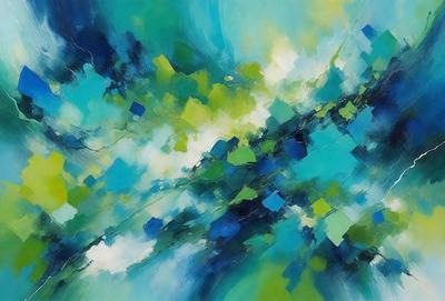 The primary subject of the image is a painting featuring a blue and green color scheme. The setting is a painting of a forest, with a variety of colors and patterns. The visual style is a mix of digital art and illustration, creating a unique and vibrant atmosphere. The dominant colors are blue and green, with other colors such as yellow and orange adding depth and contrast to the painting.