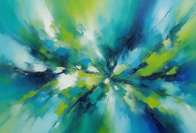 The primary subject of the image is a painting featuring a vibrant, colorful, and abstract design. The setting is a wall, and the visual style is a mix of digital art and illustration. The dominant colors in the painting are green, blue, and yellow, creating a lively and energetic atmosphere.