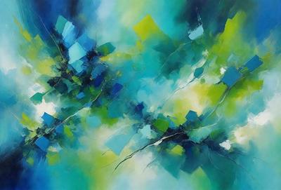 The primary subject of the image is a painting featuring a blue and green color scheme. The setting is a painting of a tree, with a blue sky in the background. The visual style is a painting, and the colors and mood convey a sense of tranquility and natural beauty.