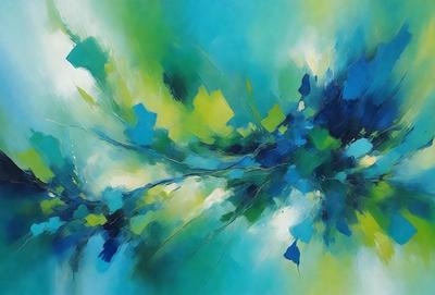 The primary subject of the image is a painting featuring a tree with green leaves. The setting is a blue background, and the visual style appears to be a digital art or illustration. The colors and mood of the painting are predominantly green, creating a serene and natural atmosphere.