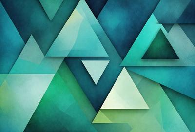 The primary subject of the image is a geometric pattern, featuring a combination of triangles and green and blue colors. The setting is a blue and green background, which complements the vibrant colors of the pattern. The visual style of the image is a digital art or illustration, showcasing the intricate design of the geometric pattern. The overall atmosphere of the image is lively and visually appealing, with the colorful pattern standing out against the blue and green background.