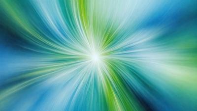 The primary subject of the image is a bright, colorful, and swirling light, which appears to be a sunburst or a light source. The setting is a blue background, which adds to the overall atmosphere of the image. The visual style of the image is a combination of digital art and illustration, creating a vibrant and dynamic scene. The colors and mood of the image are predominantly blue and green, with a sense of energy and movement.