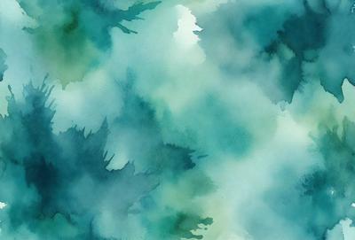 The primary subject of the image is a painting of a forest scene. The setting is a forest with trees and water, creating a serene and natural atmosphere. The visual style is a watercolor painting, which gives the image a vibrant and artistic appearance. The dominant colors are shades of green, blue, and white, which contribute to the overall mood of the painting.