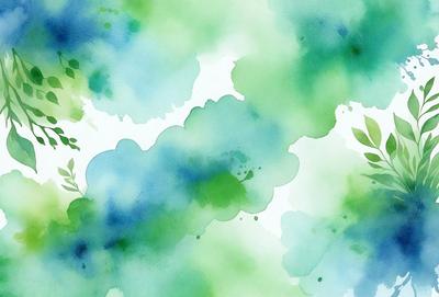 The primary subject of the image is a green leafy plant with a blue background. The visual style appears to be a watercolor painting, giving the image a vibrant and artistic appearance. The colors and mood of the image are predominantly green and blue, creating a serene and natural atmosphere.