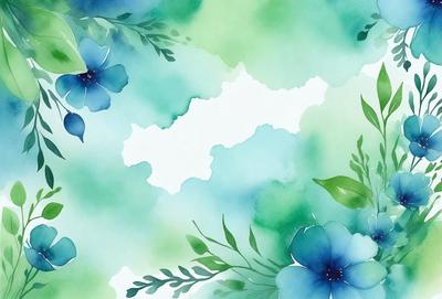 The primary subject of the image is a blue flower, which is the main focus of the scene. The setting is a watercolor painting, giving the image a vibrant and artistic visual style. The dominant colors in the painting are blue and green, creating a serene and calming atmosphere.