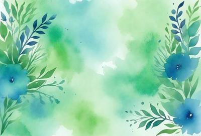 The primary subject of the image is a green and blue watercolor painting featuring a leafy background. The setting is a watercolor painting, and the visual style is a combination of digital art and illustration. The dominant colors are green and blue, creating a calm and serene atmosphere.