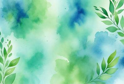 The primary subject of the image is a green leaf, which is the main focus of the scene. The leaf is prominently displayed in the foreground, with a blue background and a watercolor-like visual style. The colors in the image are predominantly green and blue, creating a calm and serene atmosphere.