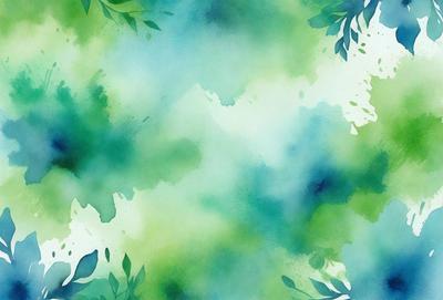 The primary subject of the image is a green and blue watercolor painting featuring a leafy background. The setting is a watercolor painting, and the visual style is artistic and creative. The dominant colors in the painting are green and blue, creating a serene and natural atmosphere.