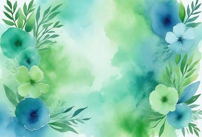 The primary subject of the image is a blue flower with green leaves. The setting is a green background, and the visual style is a watercolor painting. The dominant colors are blue and green, creating a calm and serene atmosphere.