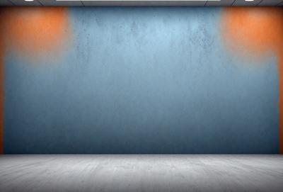 The primary subject of the image is a blue wall with a large orange rectangle on it. The setting is a room with a blue wall, and the visual style is a photo. The dominant colors are blue and orange, creating a contrasting and visually striking scene.