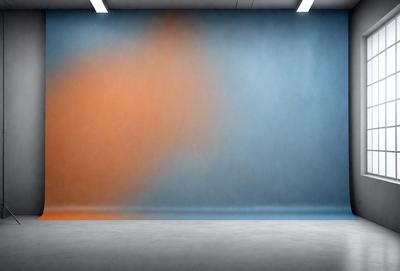 The primary subject of the image is a blue wall with a large orange and blue painting on it. The setting is a room with a blue wall, and the visual style appears to be a painting or a digital artwork. The dominant colors in the image are blue and orange, creating a vibrant and lively atmosphere.