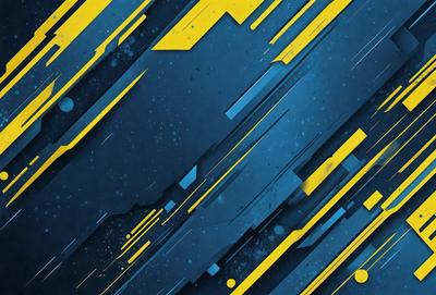 The primary subject of the image is a blue and yellow abstract artwork. The setting is a blue background, and the visual style is digital art. The dominant colors are blue and yellow, creating a vibrant and energetic atmosphere.