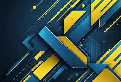 The primary subject of the image is a blue and yellow geometric design. The setting is a blue background, and the visual style is a digital art or illustration. The dominant colors are blue and yellow, creating a vibrant and lively atmosphere.