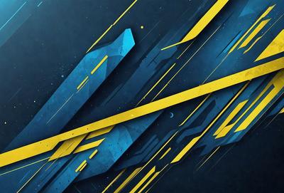 The primary subject of the image is a futuristic, blue and yellow design. The setting is a dark blue background, which contrasts with the bright yellow and blue elements of the design. The visual style appears to be a combination of digital art and illustration, creating a unique and eye-catching pattern. The colors and mood of the image are energetic and dynamic, evoking a sense of movement and innovation.