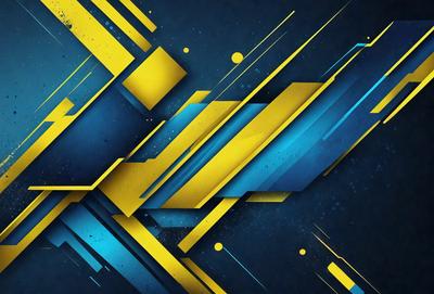 The primary subject of the image is a colorful, abstract design featuring yellow and blue colors. The setting is a blue background, which complements the vibrant colors of the design. The visual style is a combination of digital art and illustration, creating a unique and eye-catching pattern. The overall atmosphere is energetic and lively, with the bold colors and intricate patterns capturing the viewer's attention.