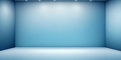The primary subject of the image is a large, empty room with a blue wall. The setting is a white room with a blue wall, and the visual style is a photo. The colors and mood of the image are predominantly blue, creating a calm and serene atmosphere.