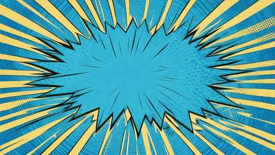 The primary subject of the image is a blue circle with a yellow outline, which appears to be a comic book-style explosion. The setting is a blue background, and the visual style is a combination of digital art and illustration. The colors and mood of the image are predominantly blue and yellow, creating a dynamic and energetic atmosphere.