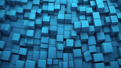 The primary subject of the image is a blue, three-dimensional grid of cubes. The setting is a blue background, and the visual style is a digital art or illustration. The dominant colors are blue and white, creating a calm and soothing atmosphere.