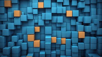 The primary subject of the image is a blue and orange patterned wall. The setting is a blue and orange wall with a pattern of squares. The visual style is a digital art or illustration, creating a unique and vibrant atmosphere. The dominant colors are blue and orange, which create a lively and energetic mood.