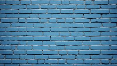 The primary subject of the image is a blue brick wall. The setting is a brick wall, and the visual style is a photo. The dominant colors are blue and white, creating a calm and serene atmosphere.
