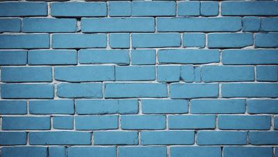The primary subject of the image is a blue brick wall. The setting is a brick wall, and the visual style is a photo. The dominant colors are blue and white, creating a calm and serene atmosphere.