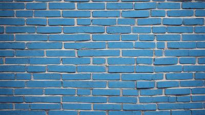 The primary subject of the image is a blue brick wall. The setting is a brick wall, and the visual style is a photo. The dominant colors are blue and white, creating a calm and serene atmosphere.