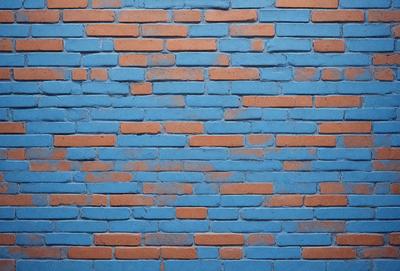 The primary subject of the image is a blue brick wall with a red brick pattern. The setting is a brick wall, and the visual style is a photo. The dominant colors are blue and red, creating a vibrant and energetic atmosphere.