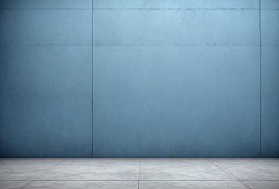 The primary subject of the image is a large blue wall. The setting is a concrete room with a blue wall, and the visual style is a photo. The dominant colors are blue and gray, creating a calm and serene atmosphere.